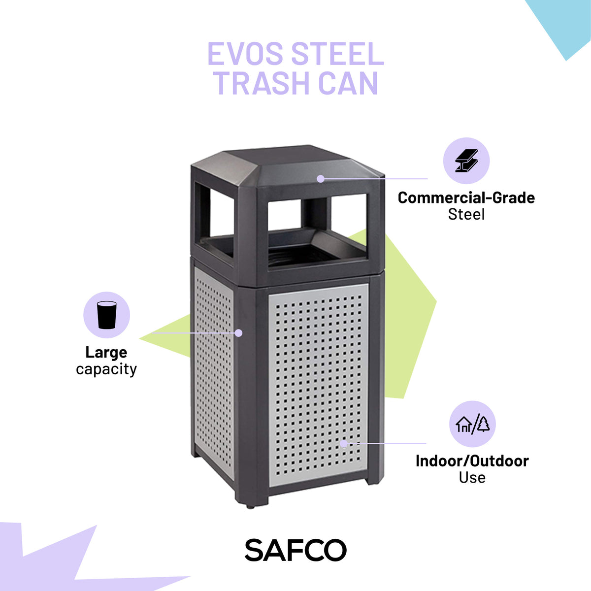Safco Evos Steel Trash Can, 15 Gallon Garbage Bin for Indoors or Outdoors, Black - VMInnovations