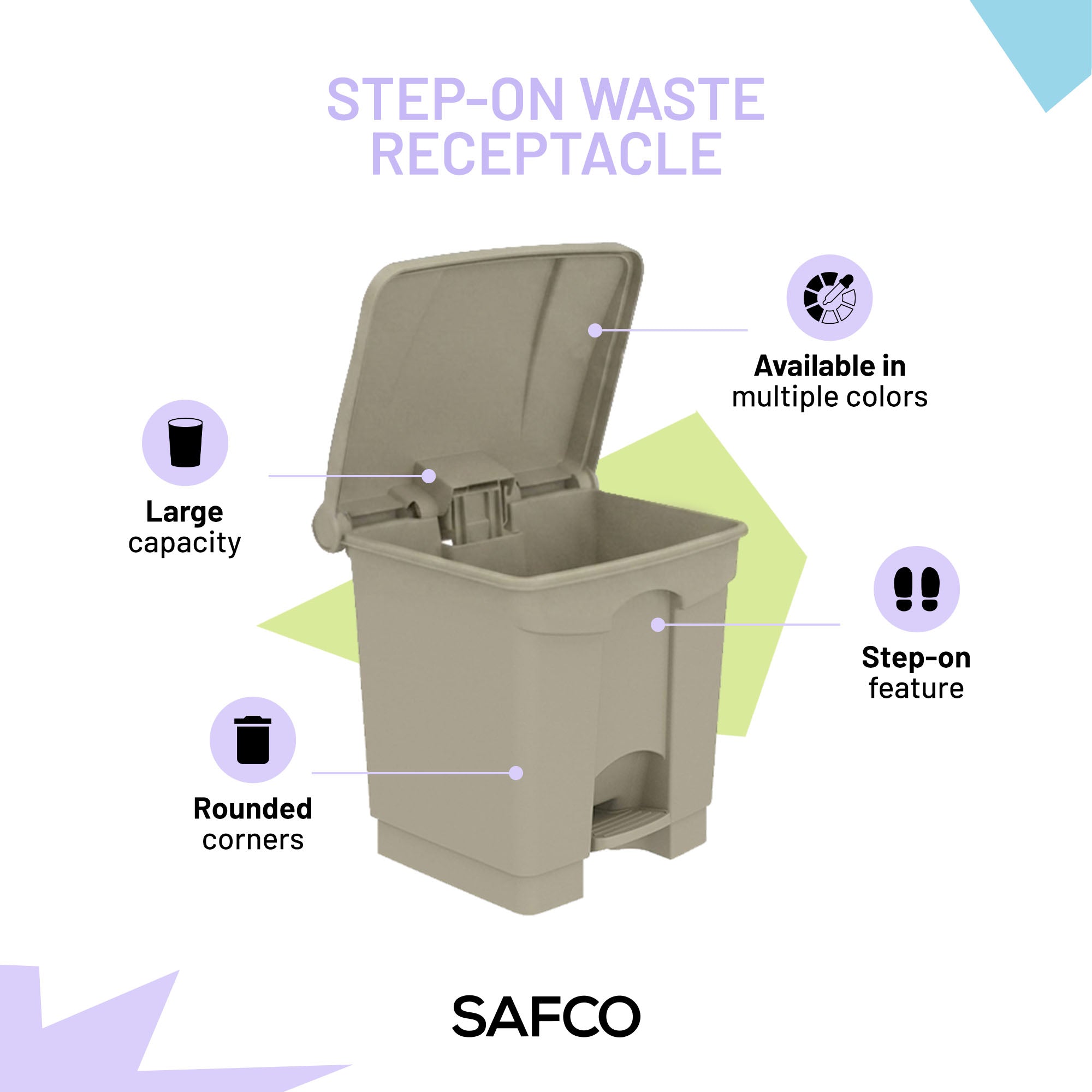 Safco Step On Trash Can with Foot Pedal, 8 Gallon Plastic Indoor Waste Bin, Tan - VMInnovations