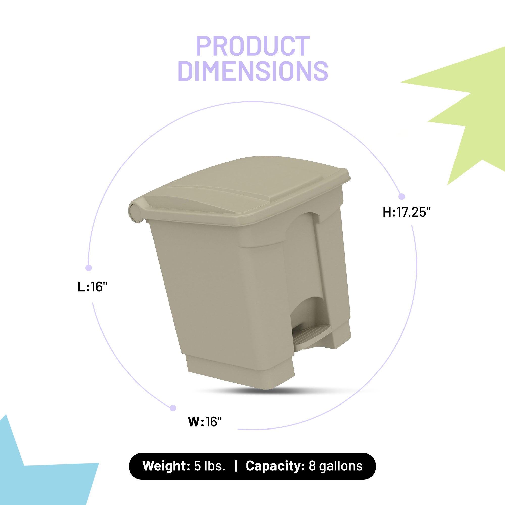 Safco Step On Trash Can with Foot Pedal, 8 Gallon Plastic Indoor Waste Bin, Tan - VMInnovations