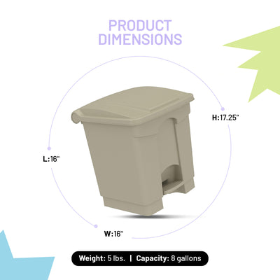 Safco Step On Trash Can with Foot Pedal, 8 Gallon Plastic Indoor Waste Bin, Tan - VMInnovations