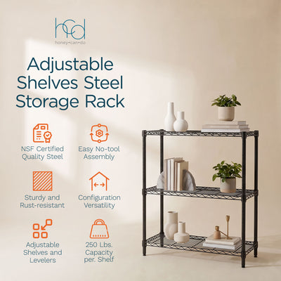 Honey-Can-Do 3-Tier Shelving Storage Rack Organizer, 350lb Shelf Capacity, Black