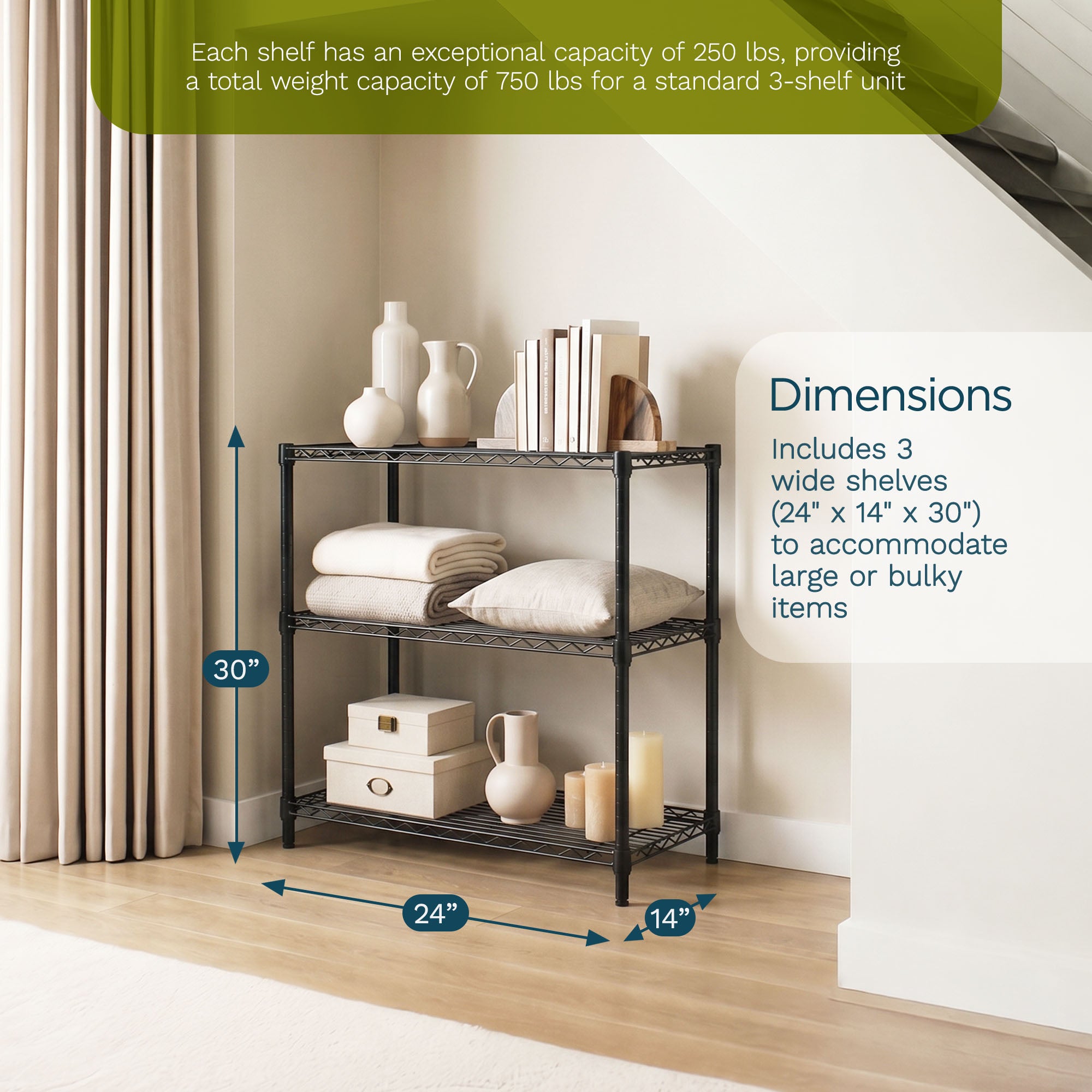 Honey-Can-Do 3-Tier Shelving Storage Rack Organizer, 350lb Shelf Capacity, Black