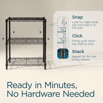 Honey-Can-Do 3-Tier Shelving Storage Rack Organizer, 350lb Shelf Capacity, Black