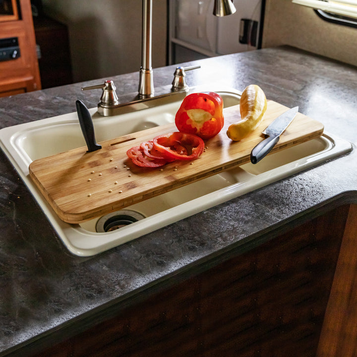 Camco Bamboo Over the Sink Cutting Board for RV and Marine Use, 24 x 8 Inches
