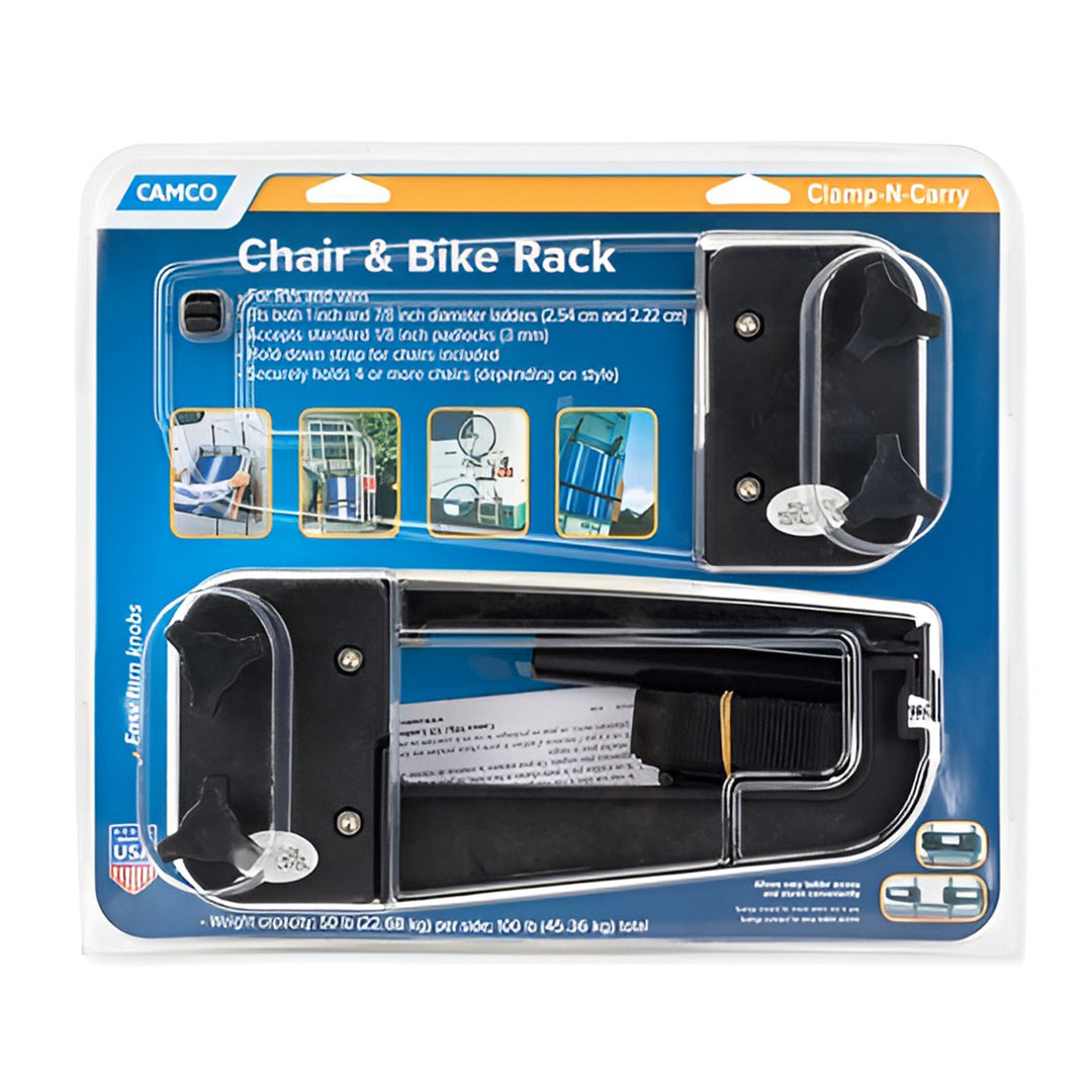 Camco Clamp-N-Carry Lockable Chair & Bike Rack for RV Ladders, Adjustable Strap - VMInnovations