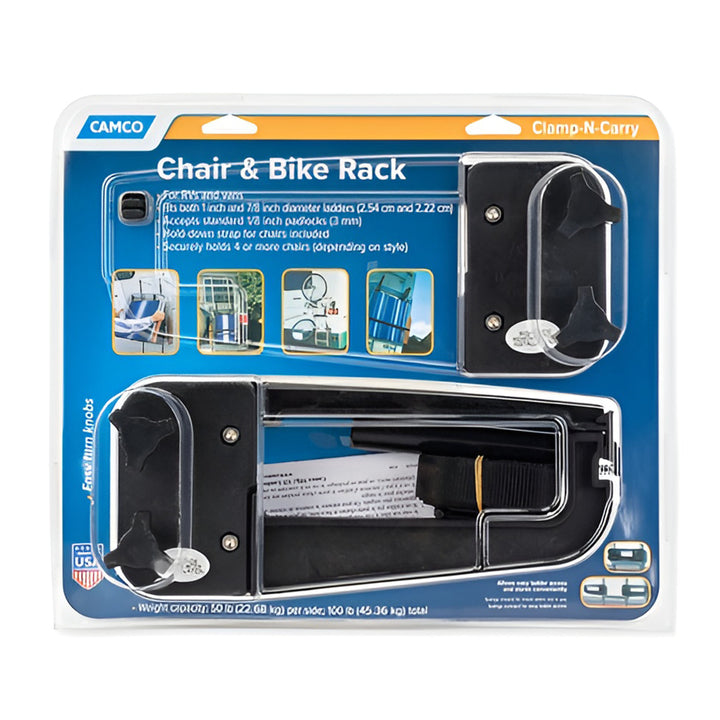 Camco Clamp-N-Carry Lockable Chair & Bike Rack for RV Ladders, Adjustable Strap - VMInnovations