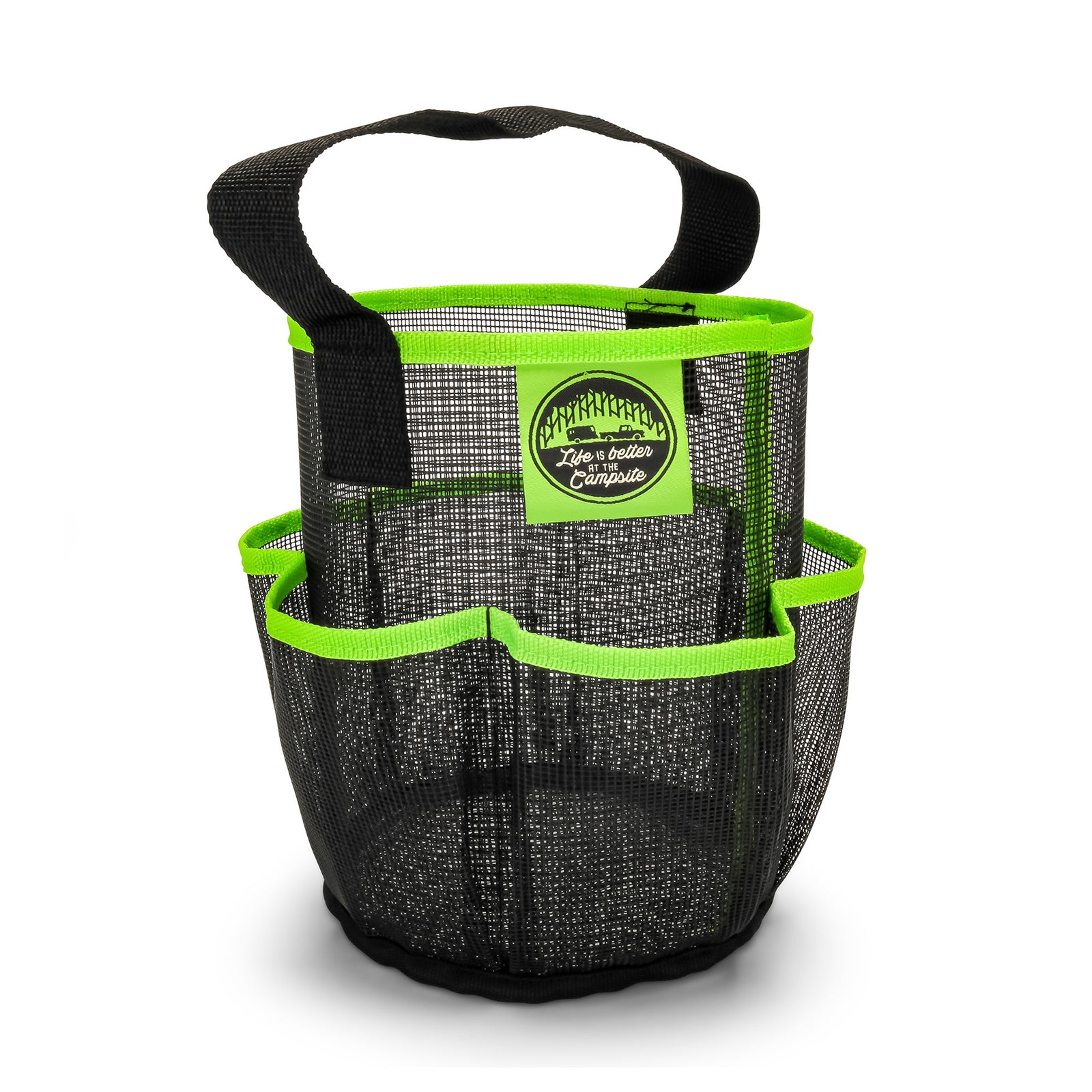 Camco Shower Caddy, Mesh Bag Bathroom Storage Accessory with Handle, Black/Green - VMInnovations