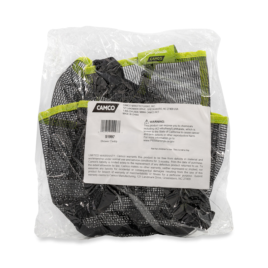 Camco Shower Caddy, Mesh Bag Bathroom Storage Accessory with Handle, Black/Green - VMInnovations