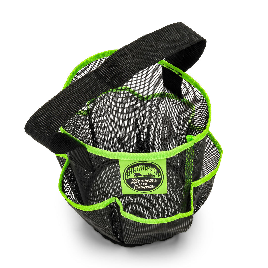 Camco Shower Caddy, Mesh Bag Bathroom Storage Accessory with Handle, Black/Green - VMInnovations