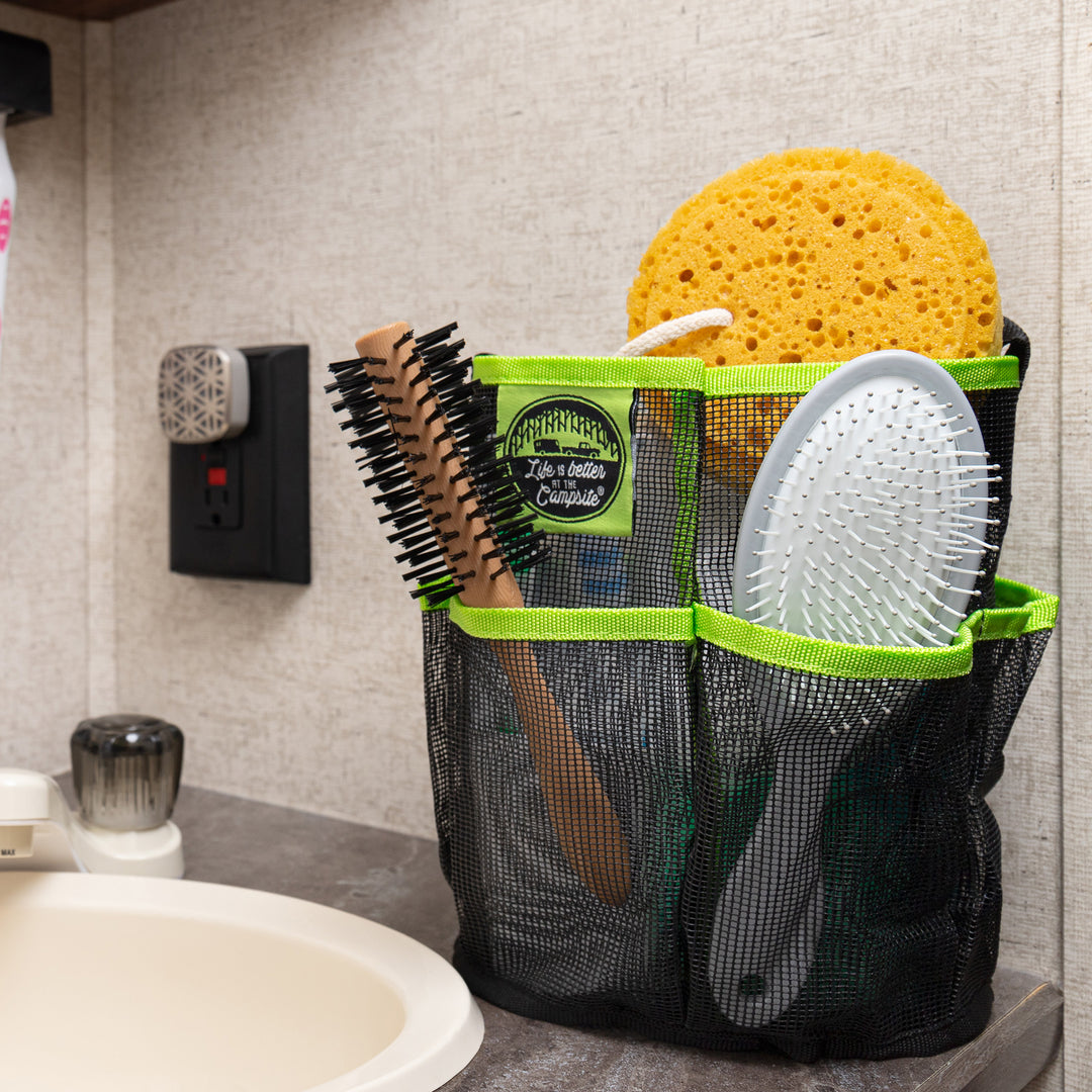 Camco Shower Caddy, Mesh Bag Bathroom Storage Accessory with Handle, Black/Green - VMInnovations