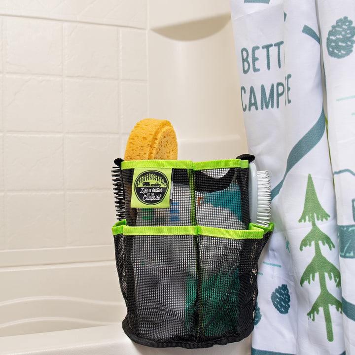 Camco Shower Caddy, Mesh Bag Bathroom Storage Accessory with Handle, Black/Green - VMInnovations