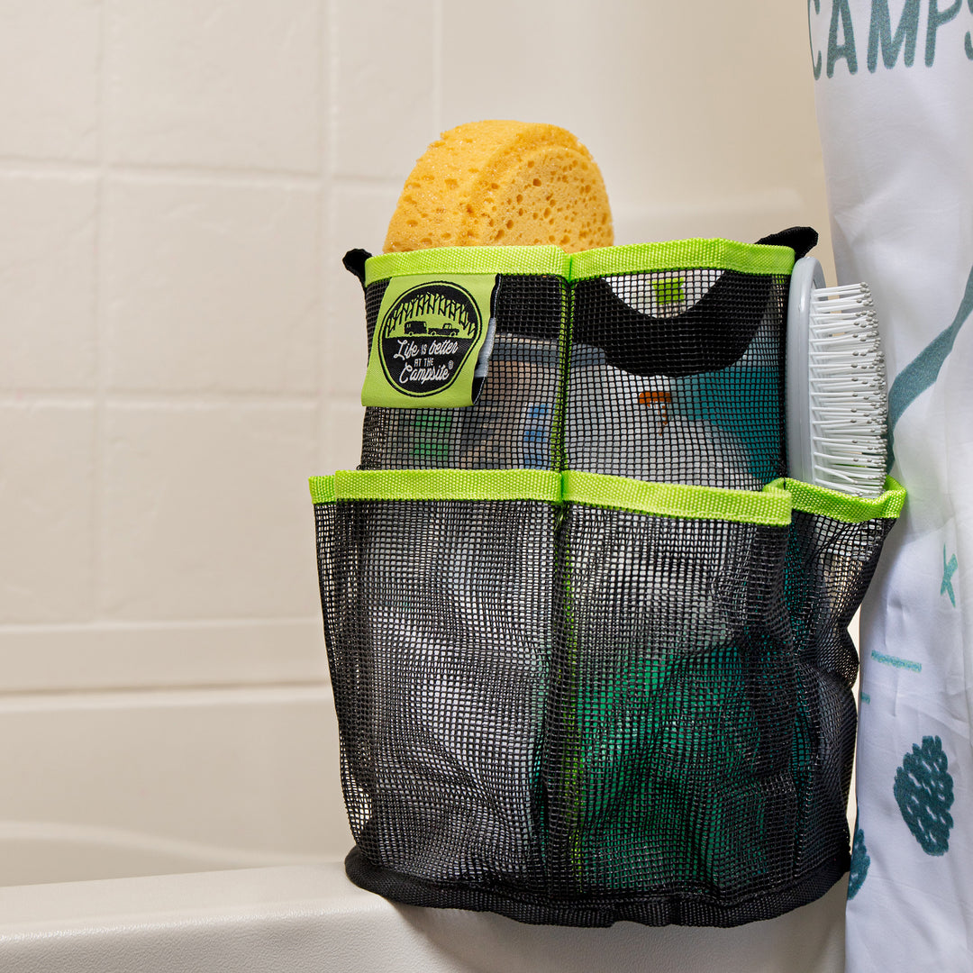Camco Shower Caddy, Mesh Bag Bathroom Storage Accessory with Handle, Black/Green - VMInnovations