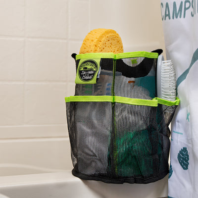 Camco Shower Caddy, Mesh Bag Bathroom Storage Accessory with Handle, Black/Green - VMInnovations