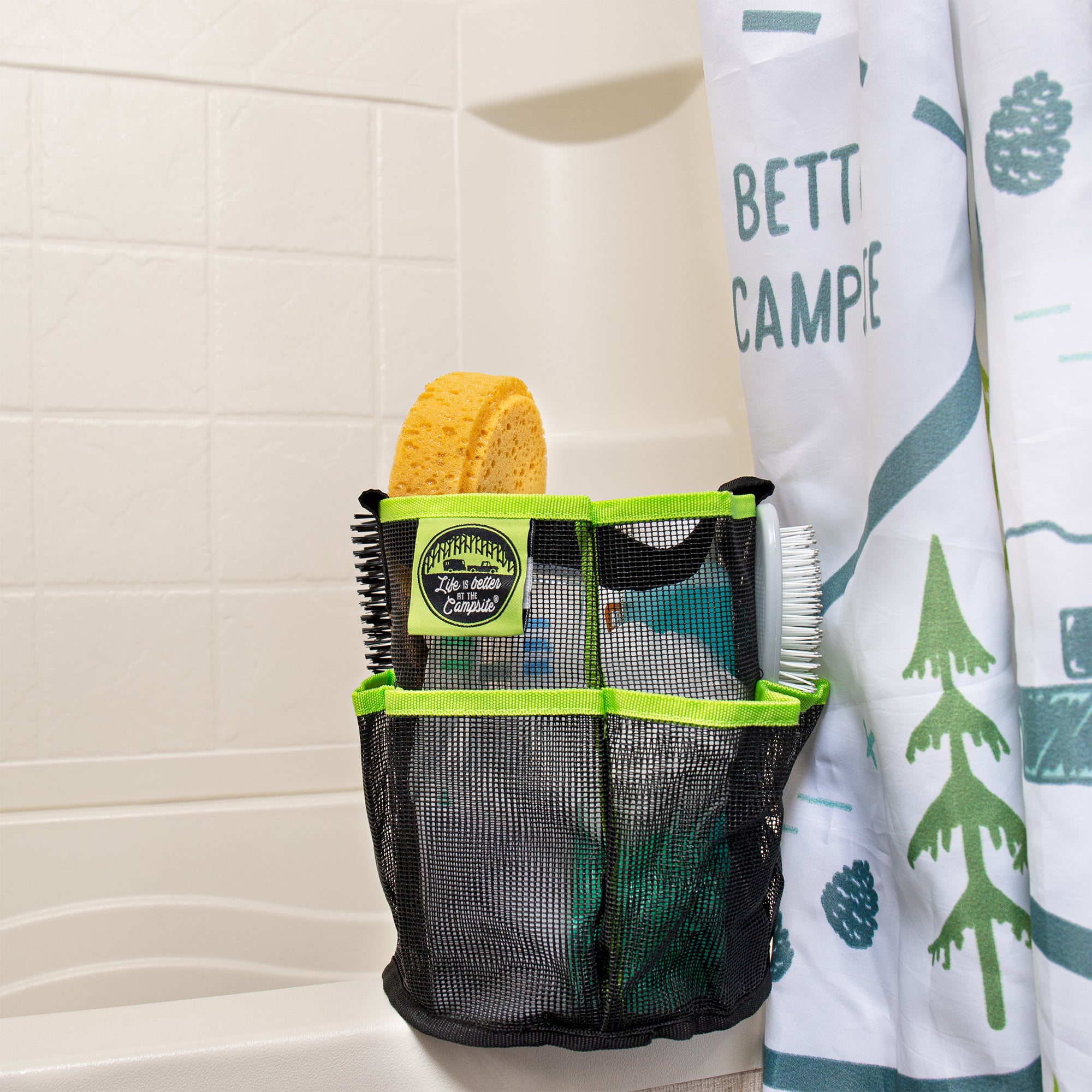 Camco Shower Caddy, Mesh Bag Bathroom Storage Accessory with Handle, Black/Green - VMInnovations