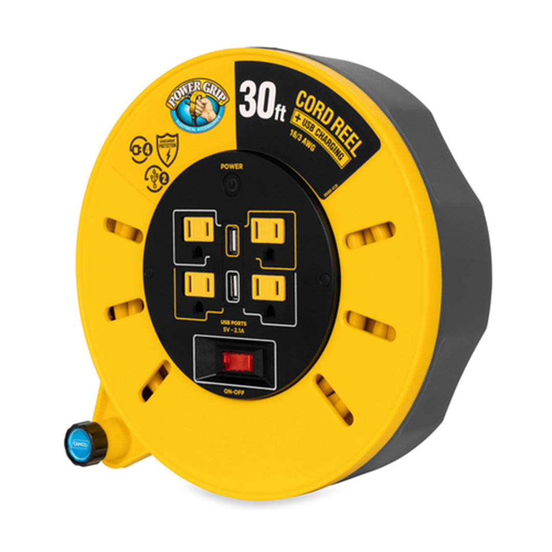 Camco 30 Foot Extension Cord Reel with 4 Electrical Outlets & 2 USB Ports, 125V