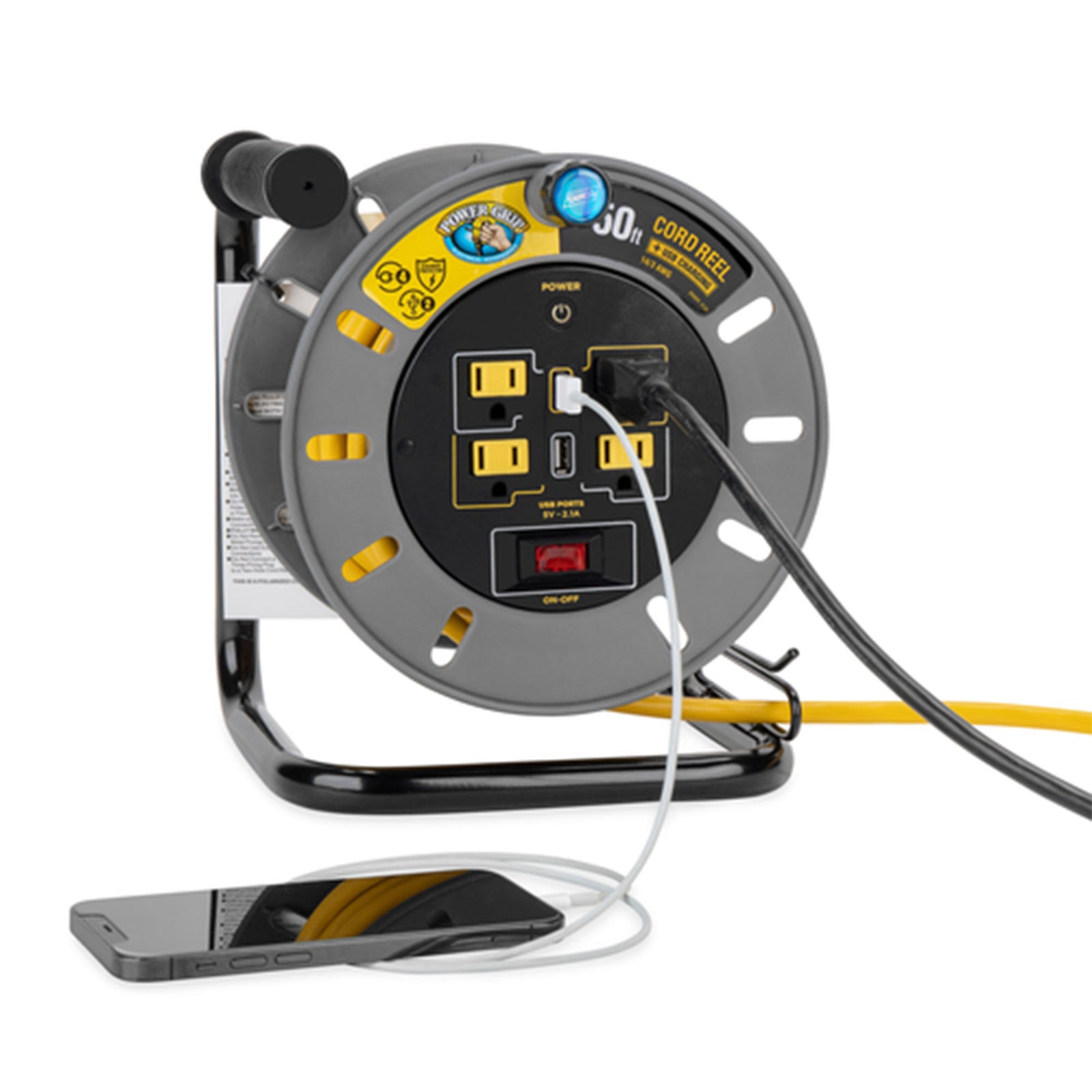 Camco 50 Foot Extension Cord Reel with 4 Electrical Outlets & 2 USB Ports, 125V - VMInnovations