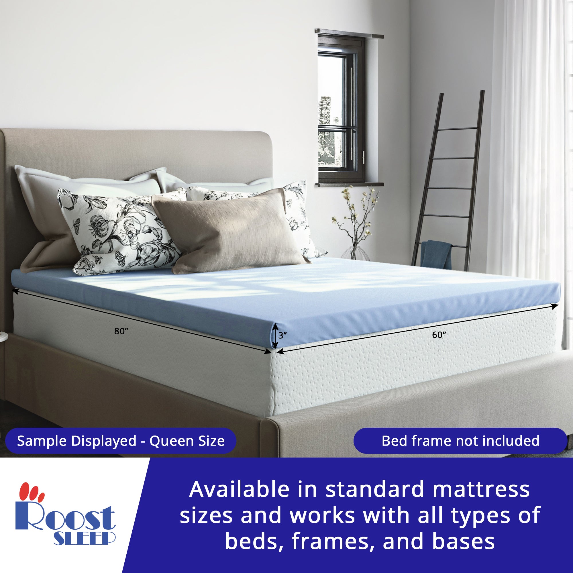 Roost Sleep Cool Cloud 3-Inch Memory Foam Twin Mattress Topper with Cover, Blue