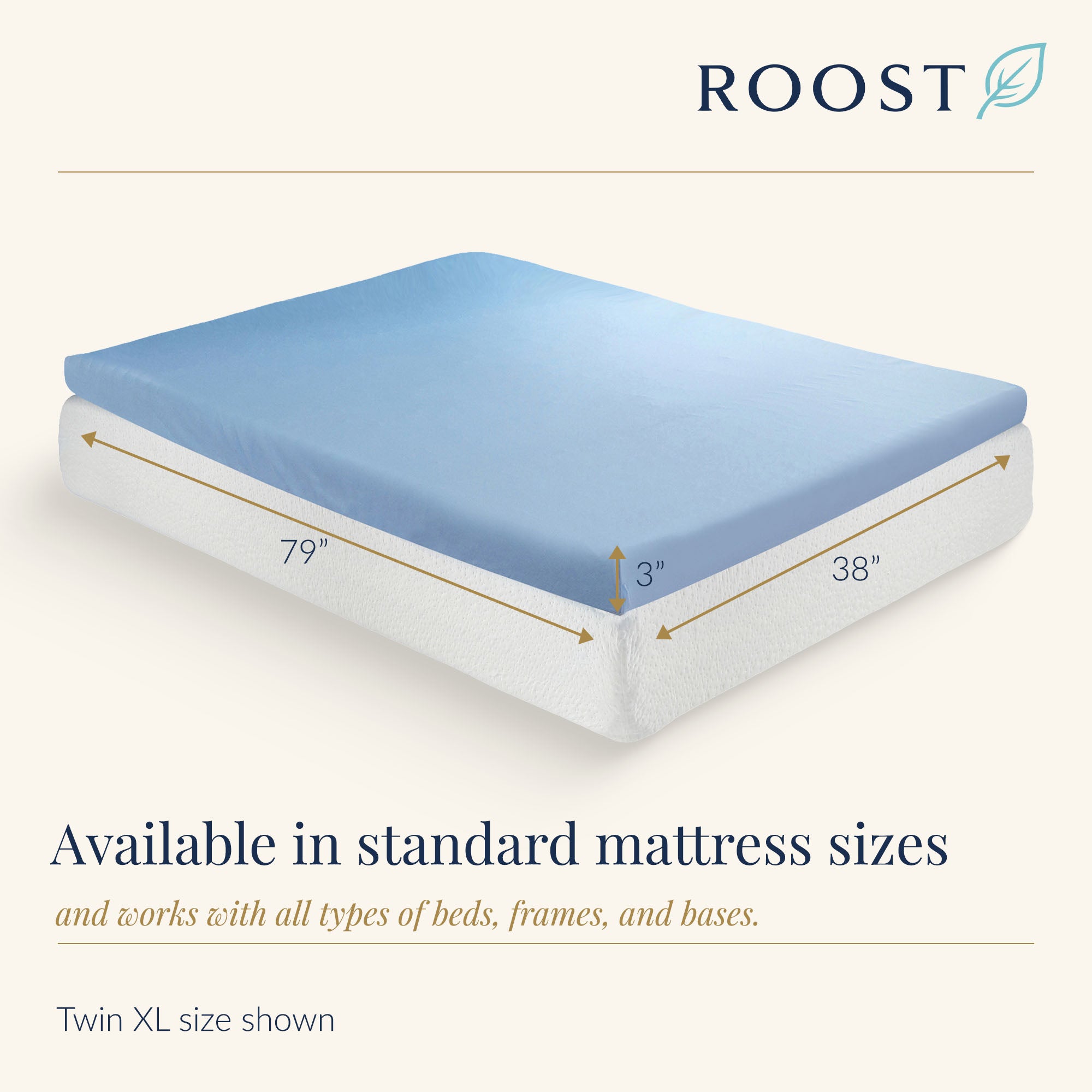 Roost Sleep Cool Cloud 3" Memory Foam Twin XL Mattress Topper with Cover, Blue