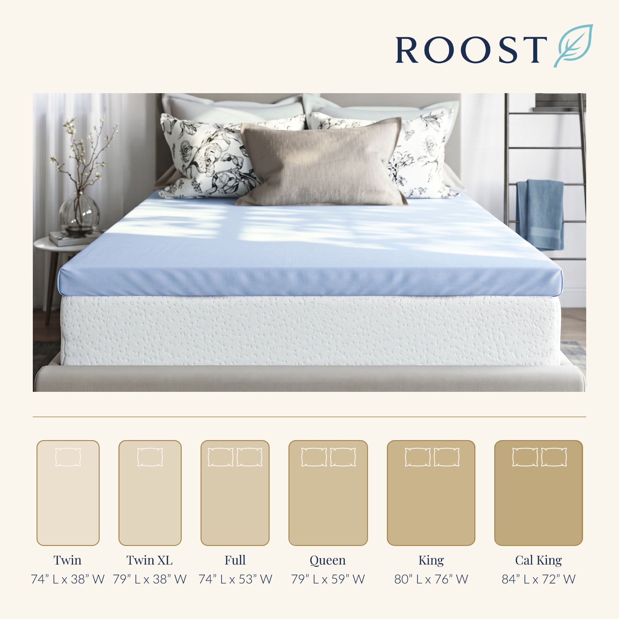 Roost Sleep Cool Cloud 3" Memory Foam Twin XL Mattress Topper with Cover, Blue