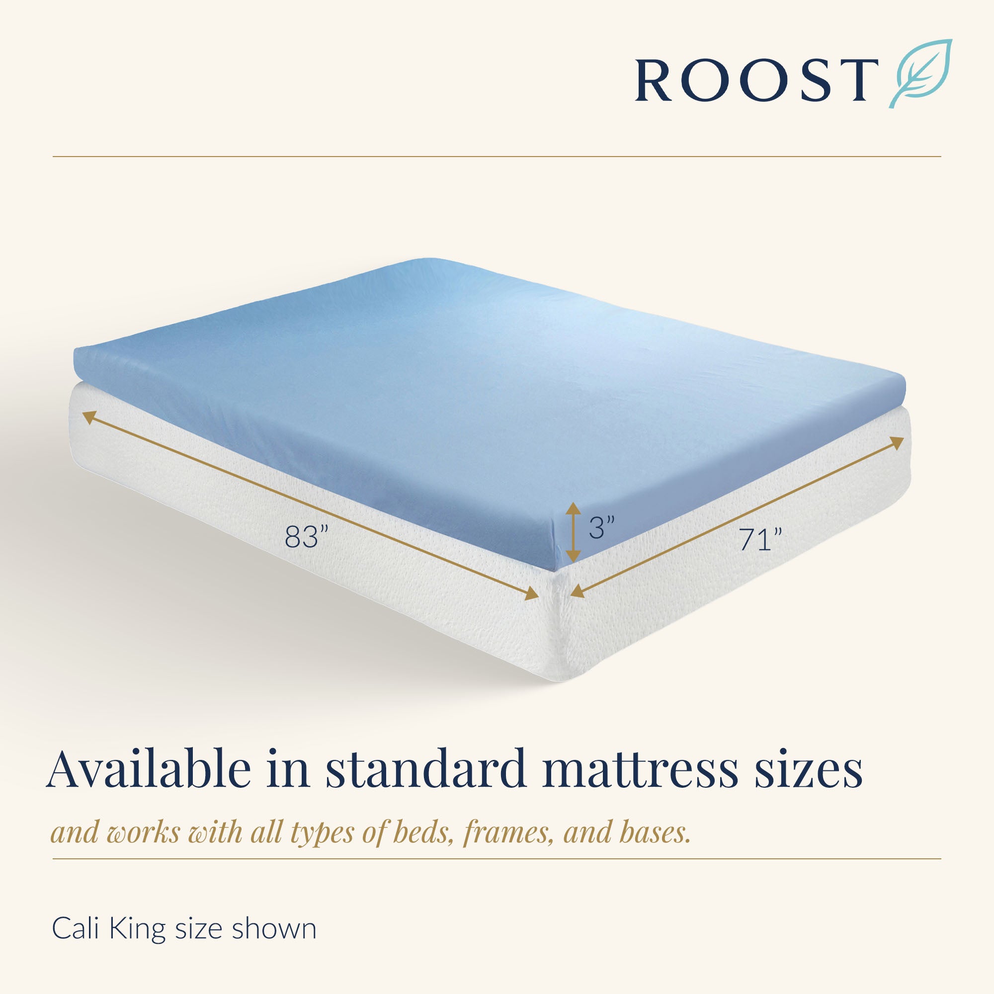 Roost Sleep Cool Cloud 3" Memory Foam Cali King Mattress Topper with Cover, Blue
