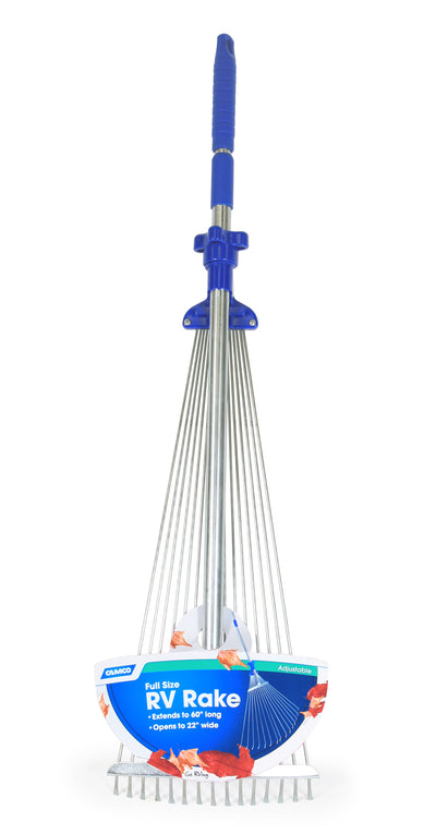 Camco Telescopic Collapsible RV Rake, Extends up to 60 Inches for Camping, Blue