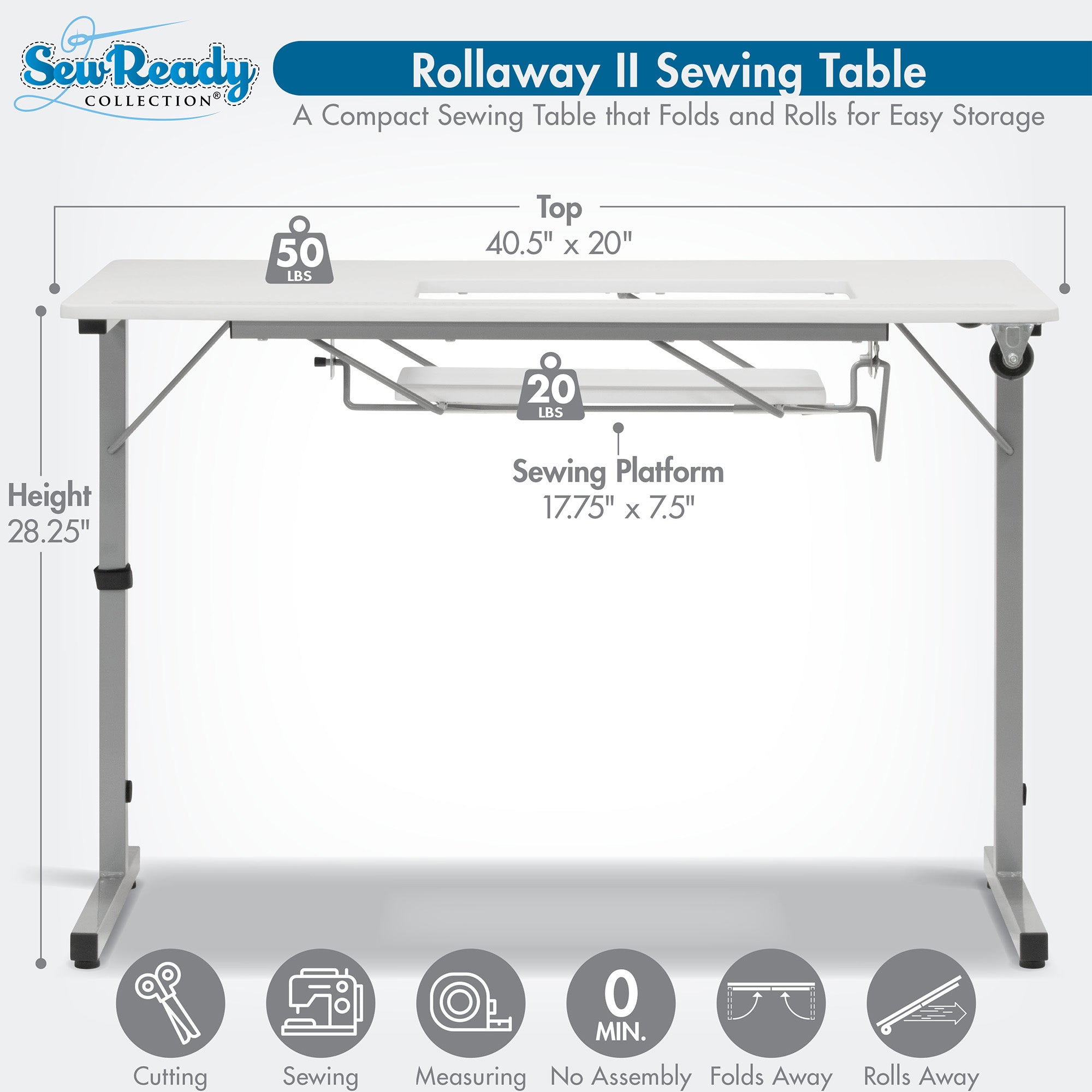 Sew Ready Portable Sewing Table with Foldable and Rollaway Design, (Open Box)