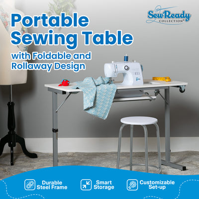 Sew Ready Portable Sewing Table with Foldable and Rollaway Design, Silver/White - VMInnovations