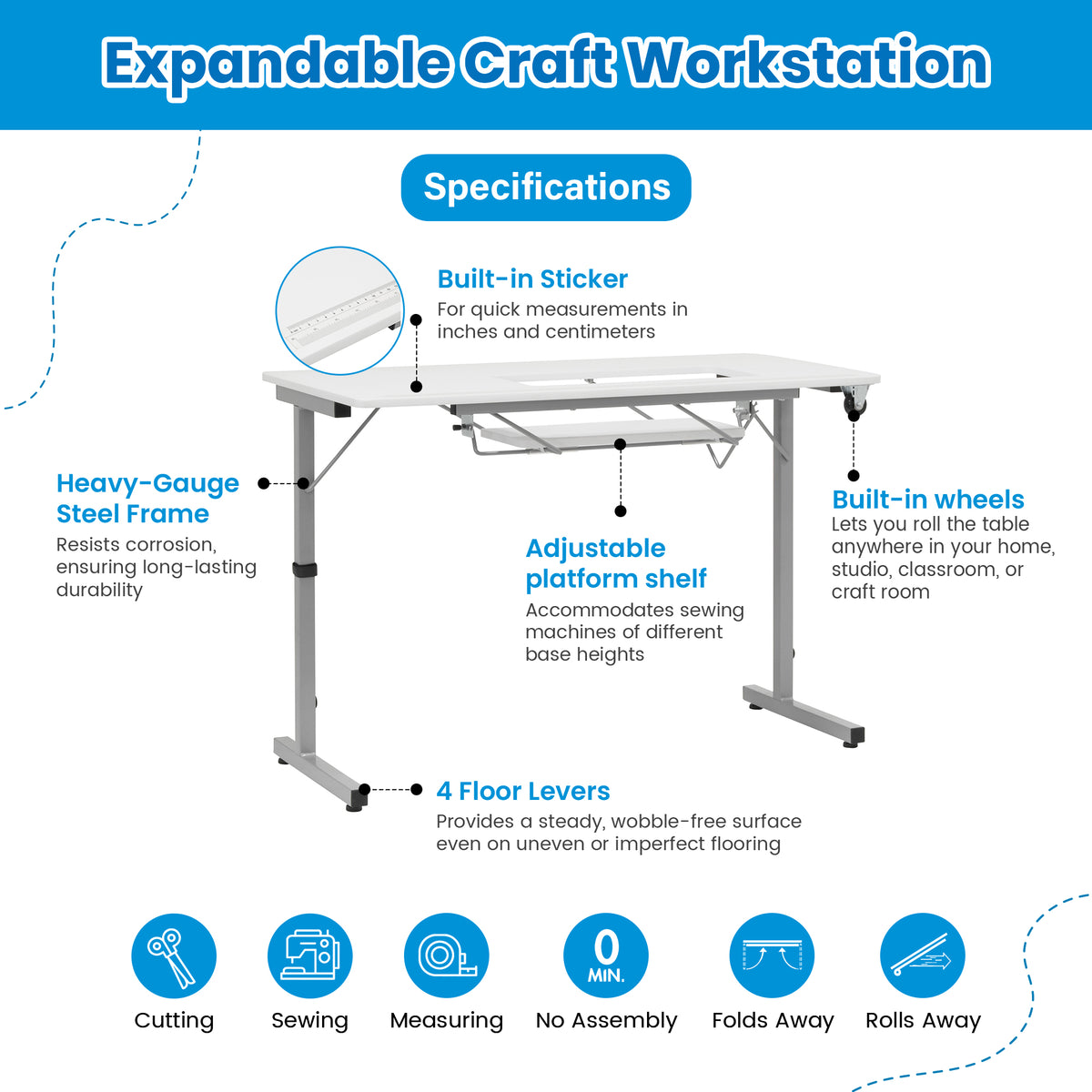 Sew Ready Portable Sewing Table with Foldable and Rollaway Design, Silver/White - VMInnovations