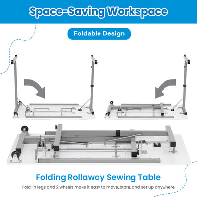 Sew Ready Portable Sewing Table with Foldable and Rollaway Design, Silver/White - VMInnovations