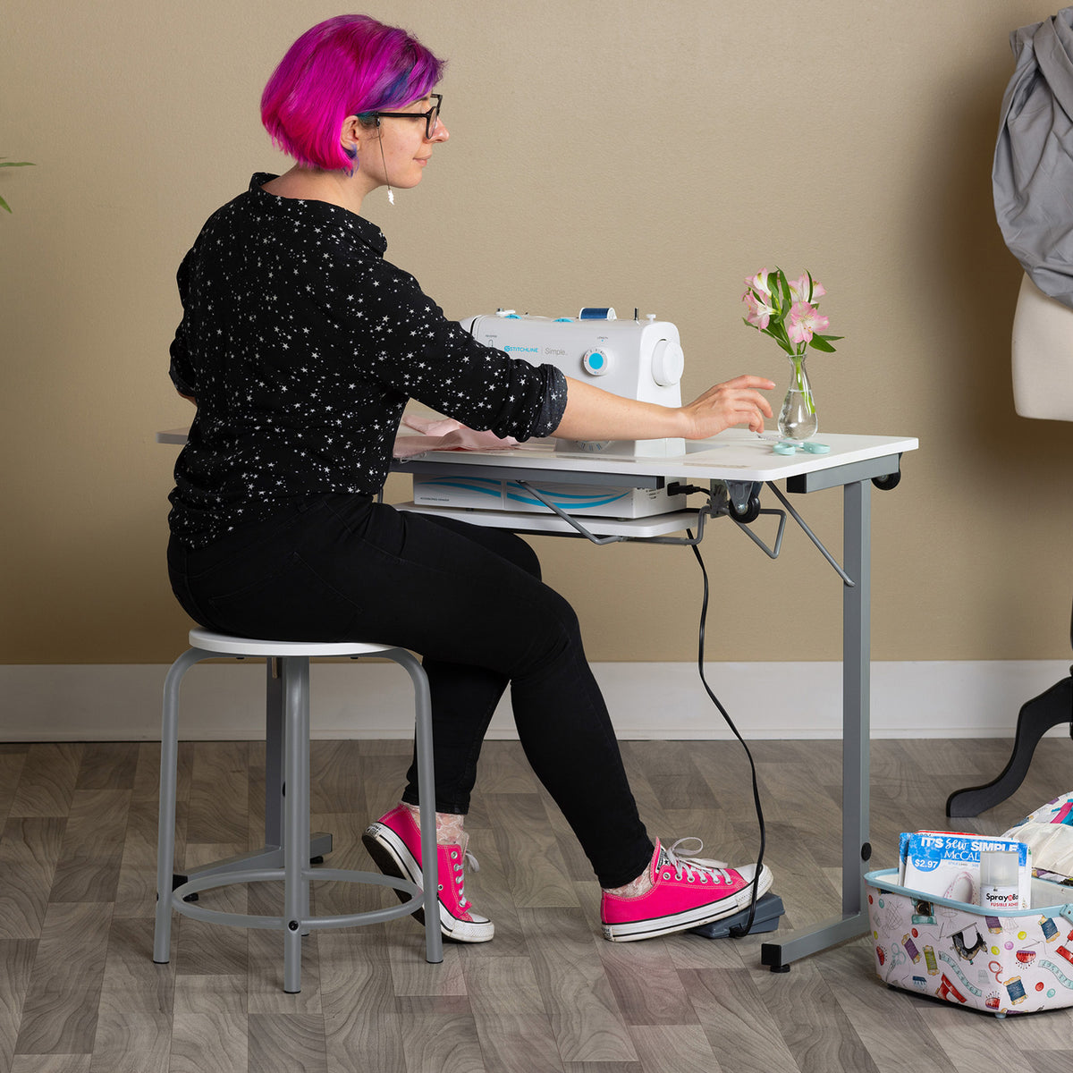 Sew Ready Portable Sewing Table with Foldable and Rollaway Design, Silver/White (Used) - VMInnovations