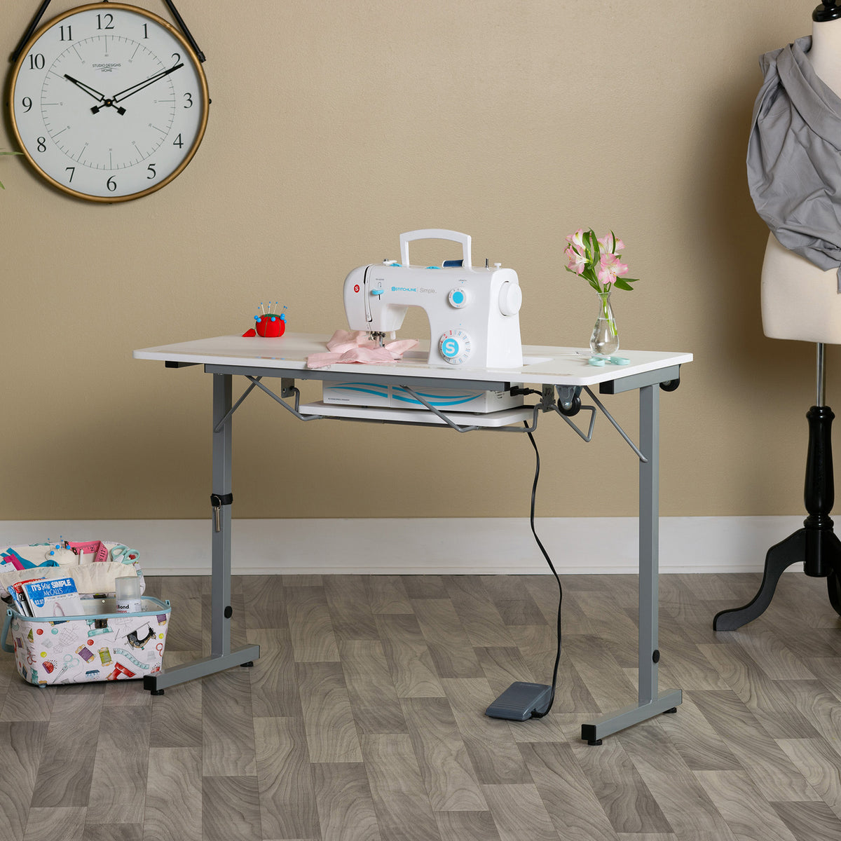Sew Ready Portable Sewing Table with Foldable and Rollaway Design, Silver/White - VMInnovations