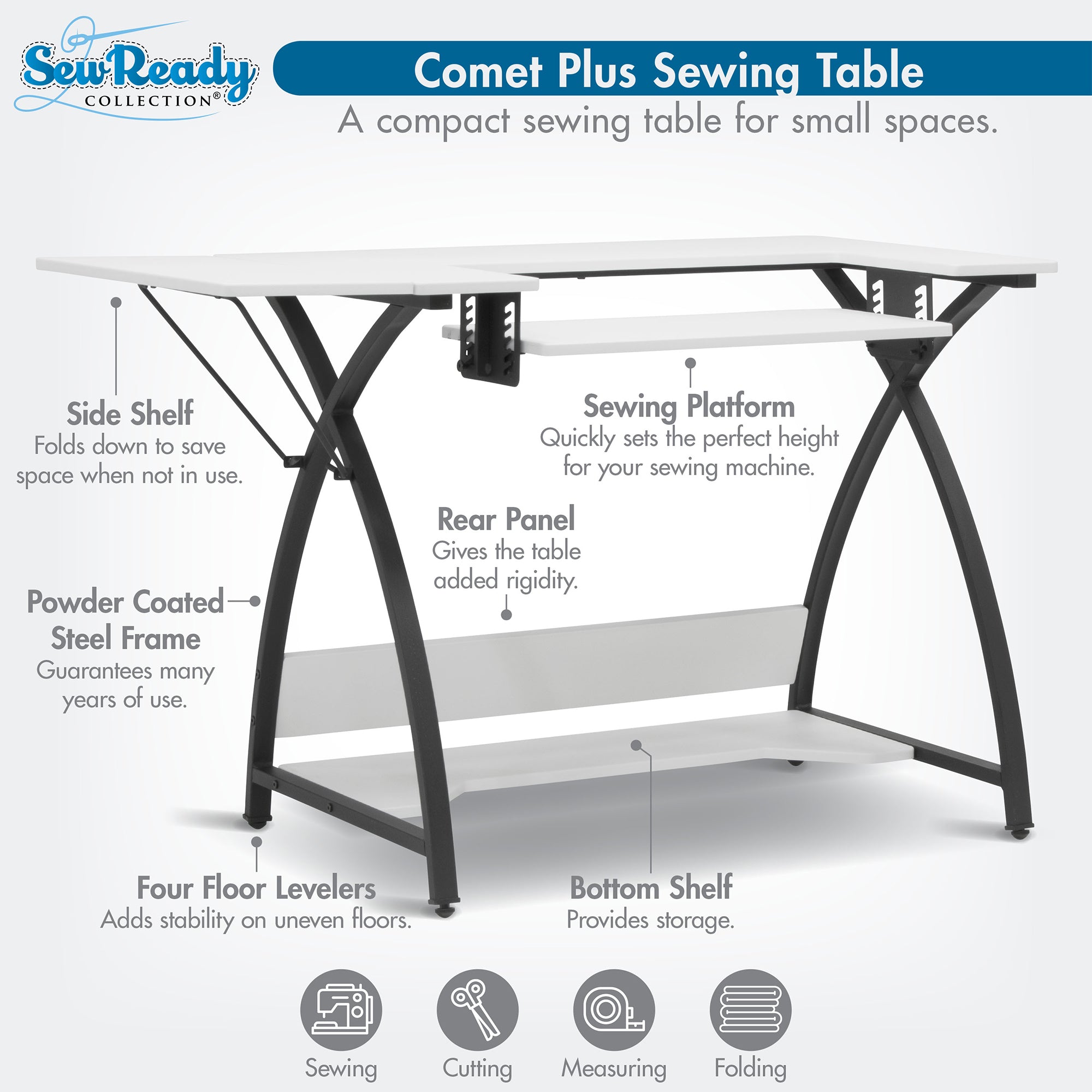 Sew Ready Comet Plus Hobby and Sewing Table with Side & Lower Shelf, Black/White - VMInnovations