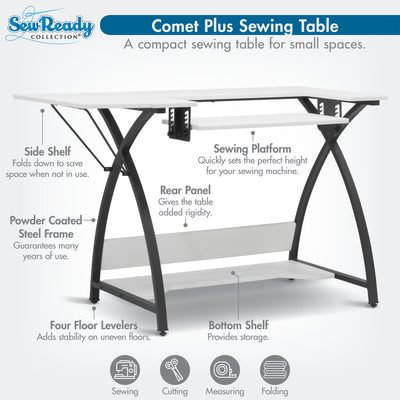 Sew Ready Comet Plus Hobby and Sewing Table with Side & Lower Shelf, Black/White - VMInnovations