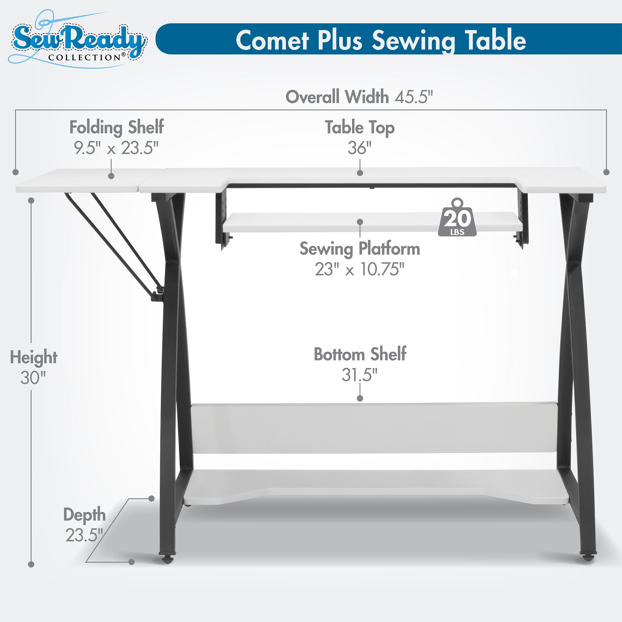 Sew Ready Comet Plus Hobby and Sewing Table with Side & Lower Shelf, Black/White - VMInnovations