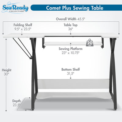 Sew Ready Comet Plus Hobby and Sewing Table with Side & Lower Shelf, Black/White - VMInnovations