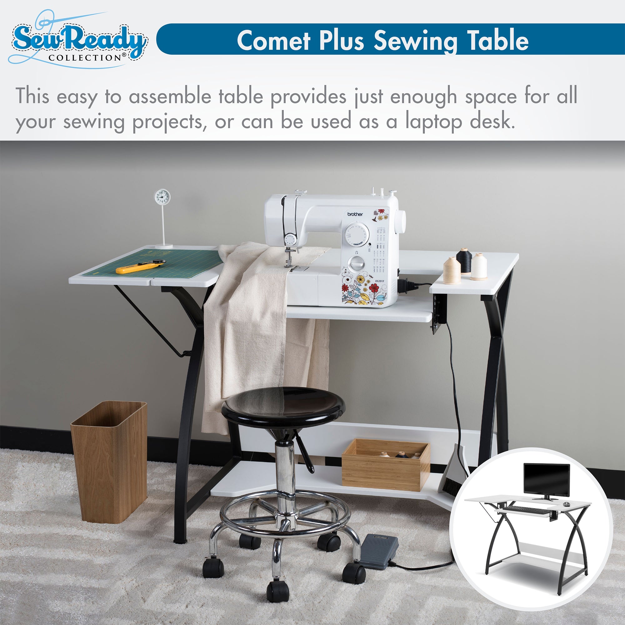 Sew Ready Comet Plus Hobby and Sewing Table with Side & Lower Shelf, Black/White - VMInnovations