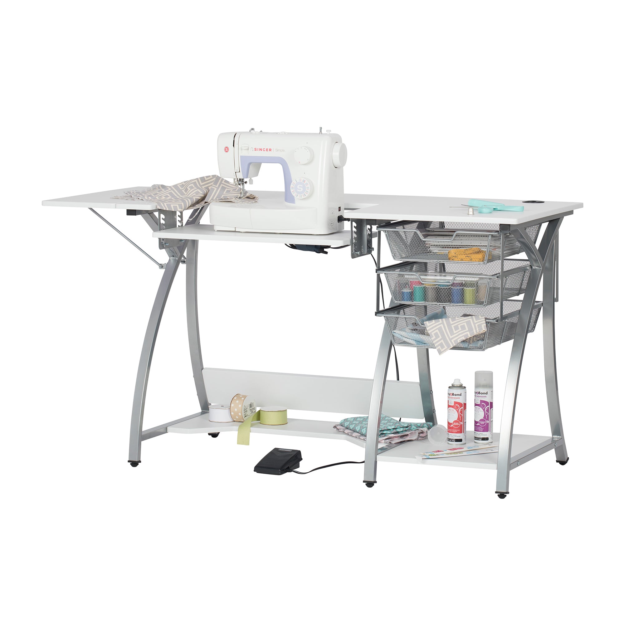 Sew Ready Pro Stitch Adjustable Sewing Machine Table with Storage Drawers, White - VMInnovations