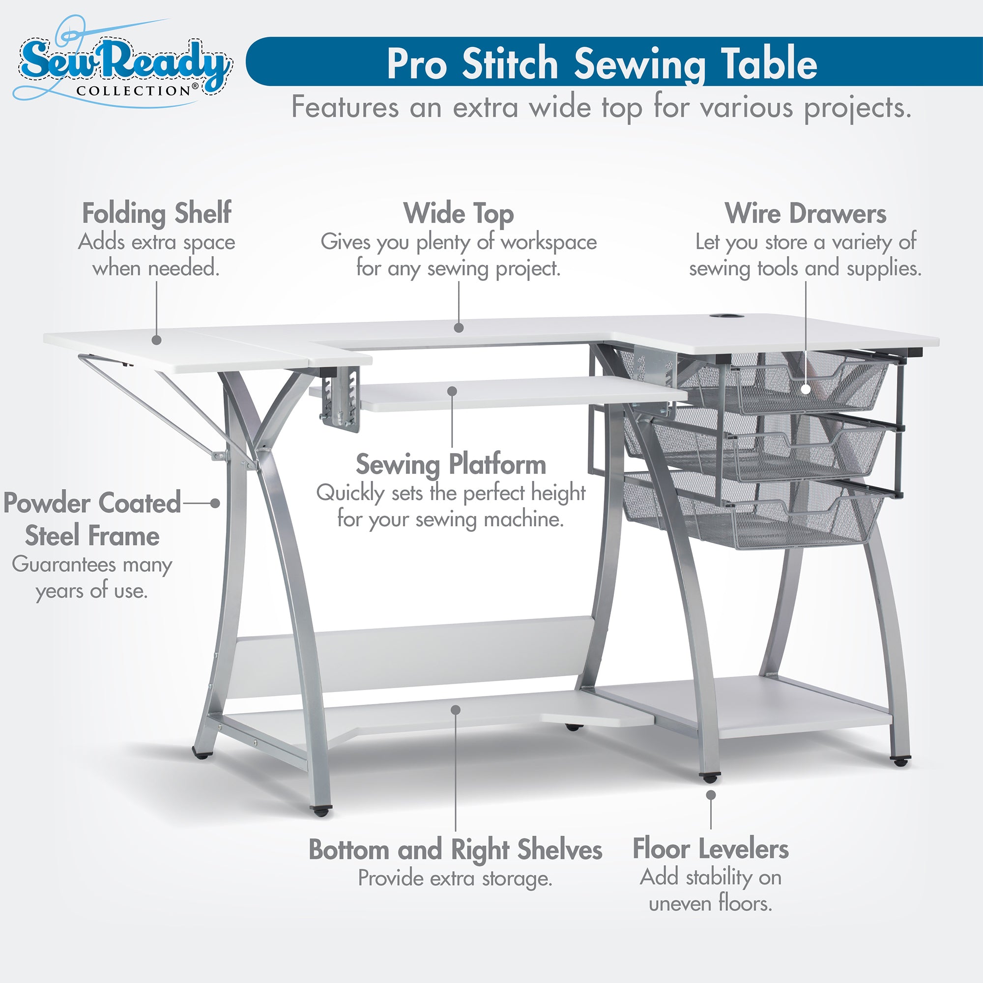 Sew Ready Pro Stitch Adjustable Sewing Machine Table with Storage Drawers, White - VMInnovations