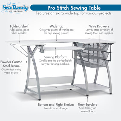 Sew Ready Pro Stitch Adjustable Sewing Machine Table with Storage Drawers, White - VMInnovations
