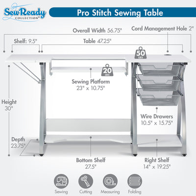 Sew Ready Pro Stitch Adjustable Sewing Machine Table with Storage Drawers, White - VMInnovations