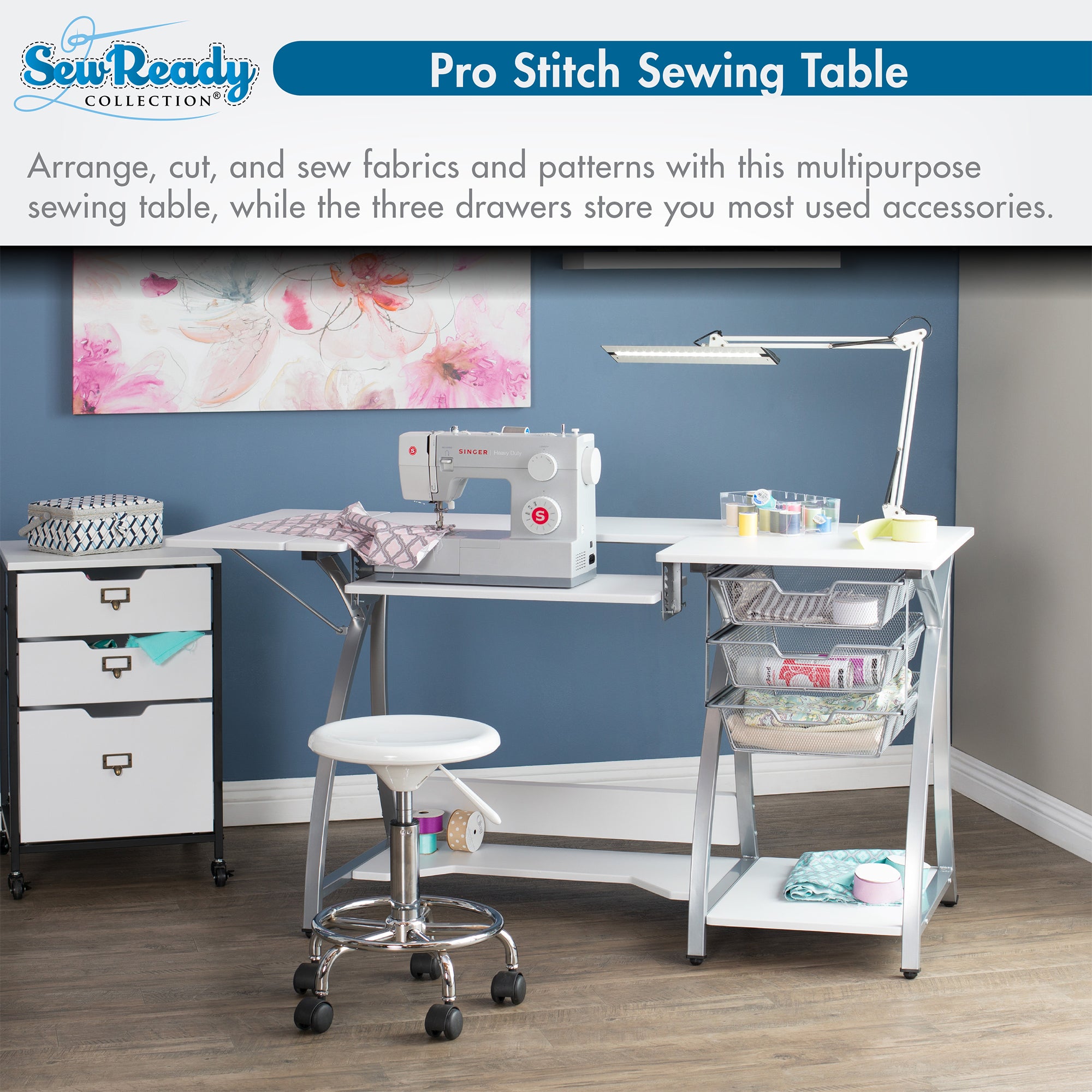 Sew Ready Pro Stitch Adjustable Sewing Machine Table with Storage Drawers, White - VMInnovations