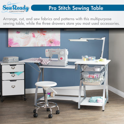 Sew Ready Pro Stitch Adjustable Sewing Machine Table with Storage Drawers, White - VMInnovations