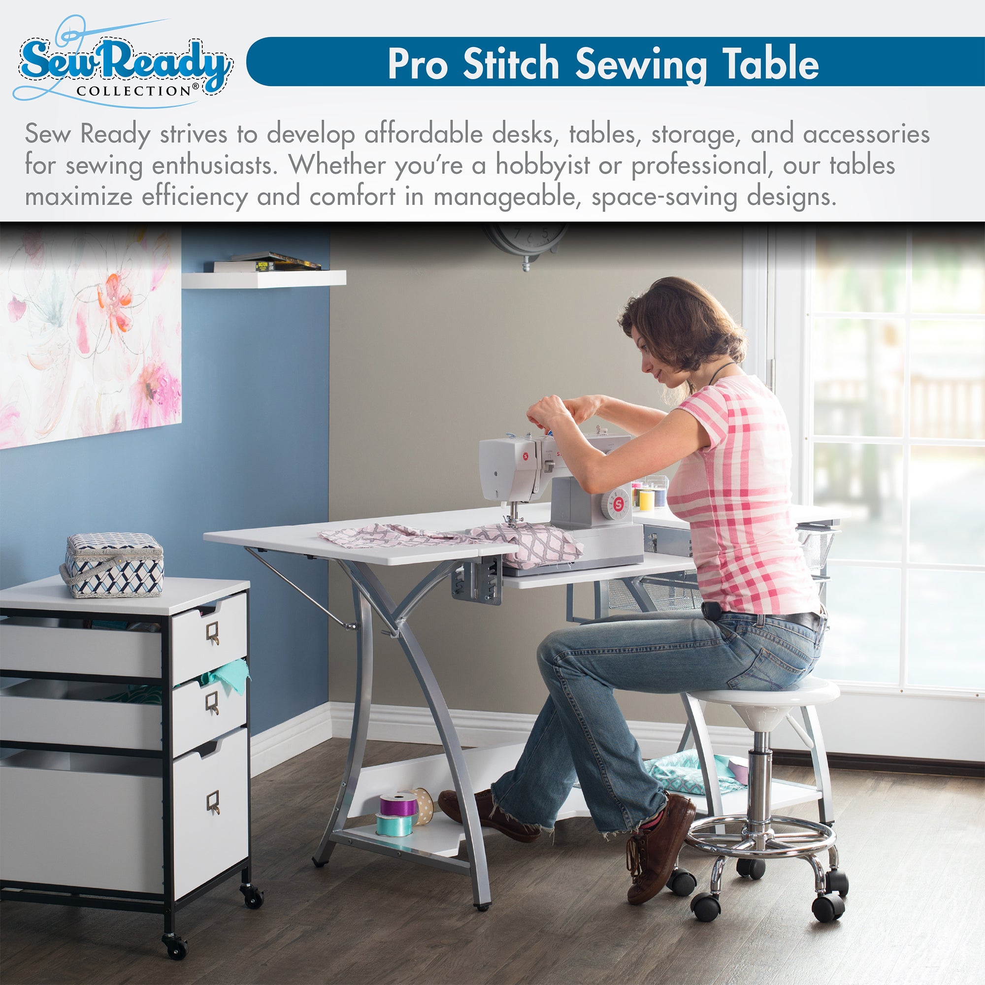 Sew Ready Pro Stitch Adjustable Sewing Machine Table with Storage Drawers, White - VMInnovations