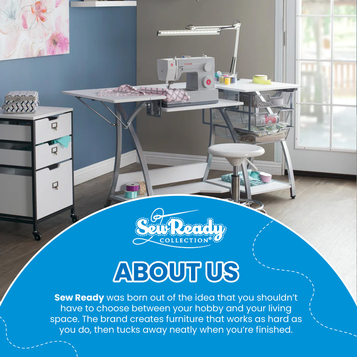 Sew Ready Pro Stitch Adjustable Sewing Machine Table with Storage Drawers, White