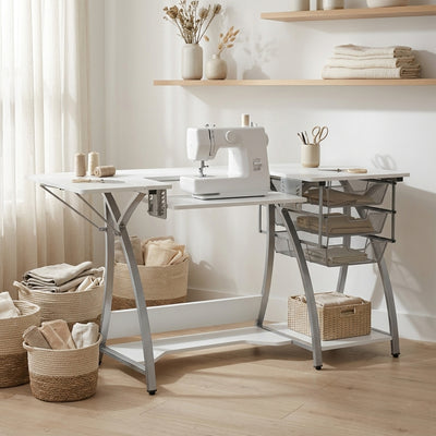Sew Ready Pro Stitch Adjustable Sewing Machine Table with Storage Drawers, White