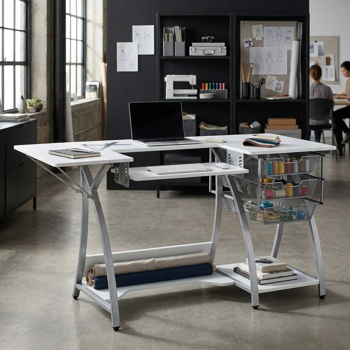 Sew Ready Pro Stitch Adjustable Sewing Machine Table with Storage Drawers, White