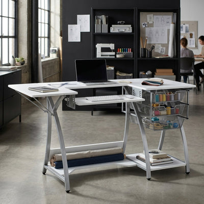 Sew Ready Pro Stitch Adjustable Sewing Machine Table with Storage Drawers, White