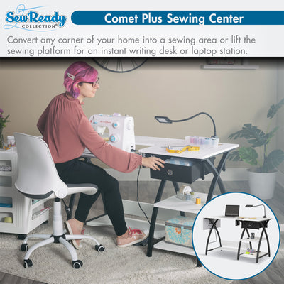 Sew Ready Comet Plus Hobby Sewing Table with Storage Drawer and Shelves, Black - VMInnovations