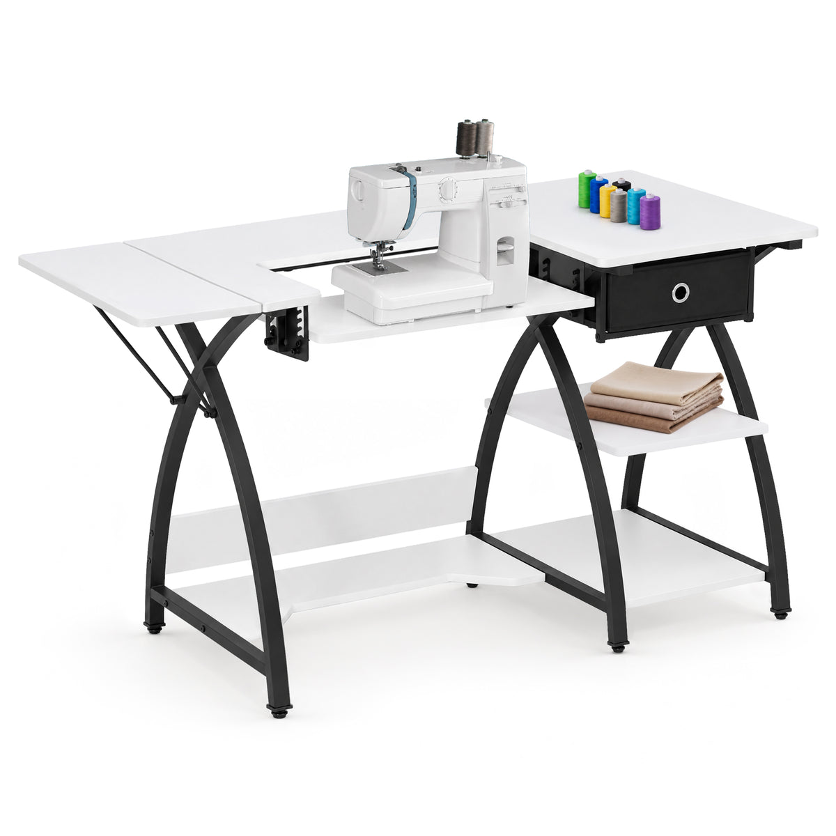 Sew Ready Comet Plus Hobby Sewing Table with Storage Drawer and Shelves, Black