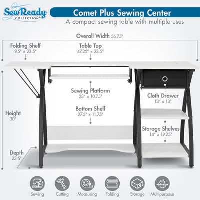 Sew Ready Comet Plus Craft Sewing Table with Accurate Fabric Cutting Grid-Top